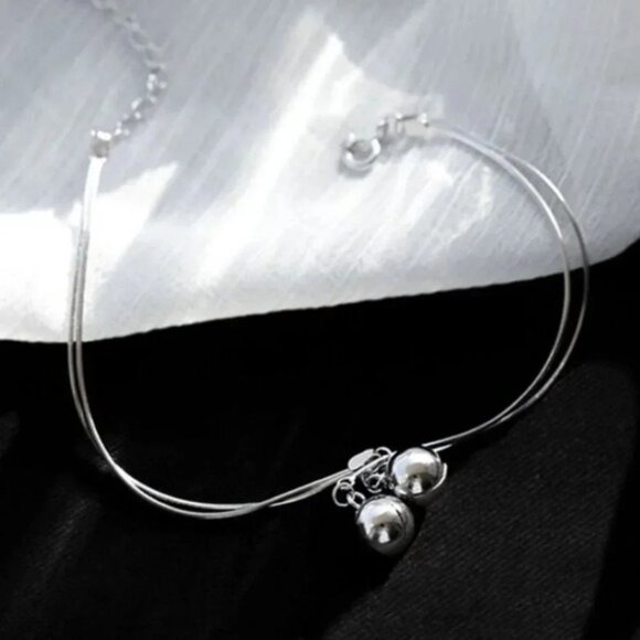925 Sterling Silver Dangle Ball Charm Bracelet Double Layer Snakechain Bracelet - Picture 4 of 6